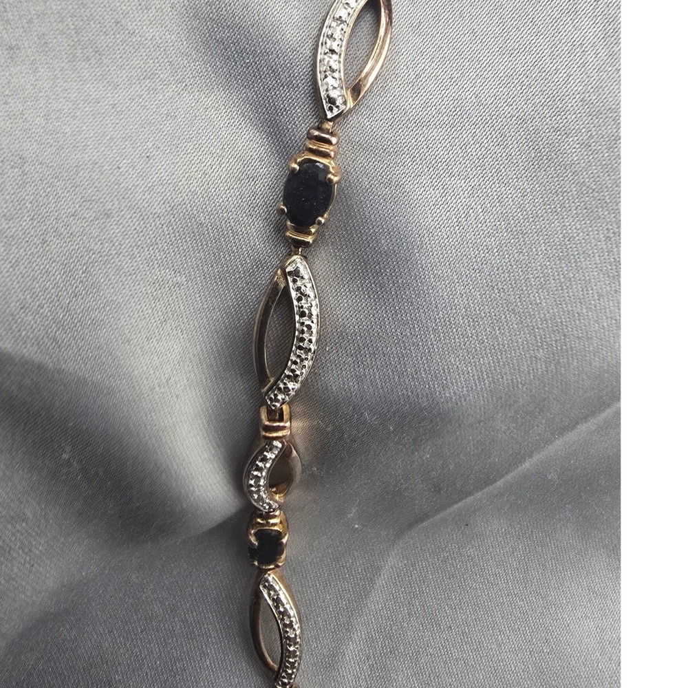 Estate Link Bracelet Gold Over Sterling Vermeil Blue Stone Diamond Accent 7.25in